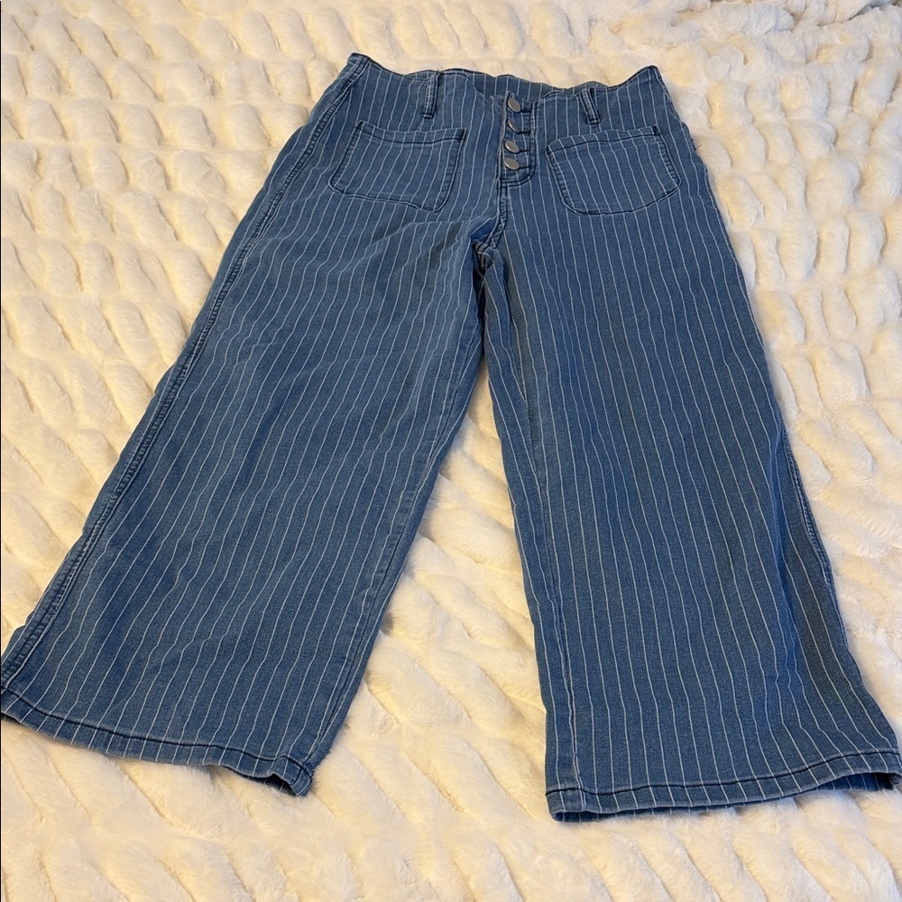 Flex High Waisted Stripes Cropped Straight Leg Casual Jeans with Pockets C3